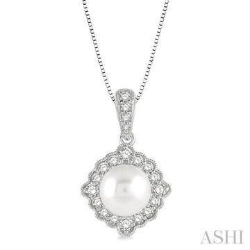 7 MM Cultured Pearl and 1/5 Ctw Round Cut Diamond Halo Pendant With Chain in 10K White Gold